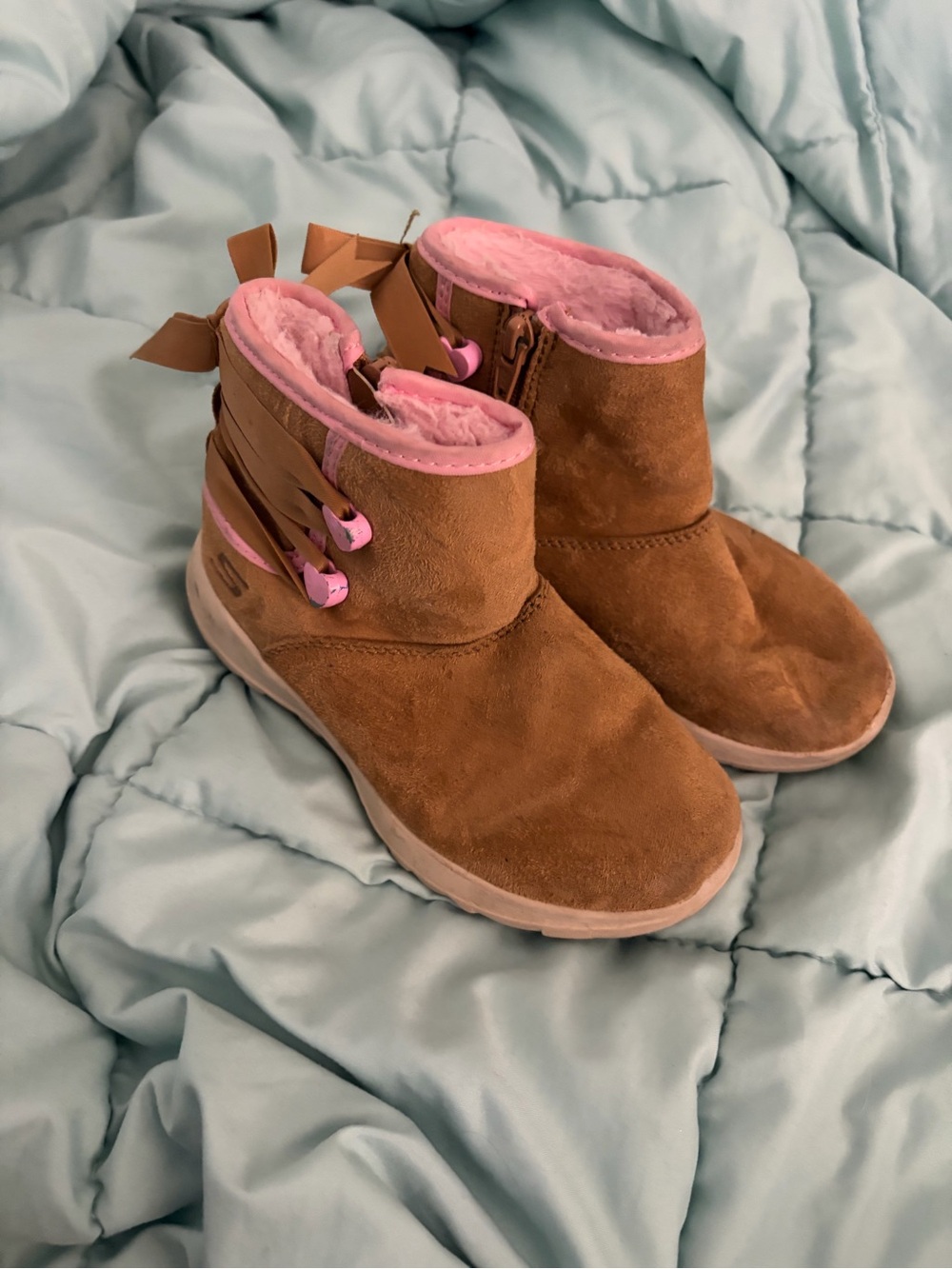Skechers Brown Suede Kids Boot with Pink Lining